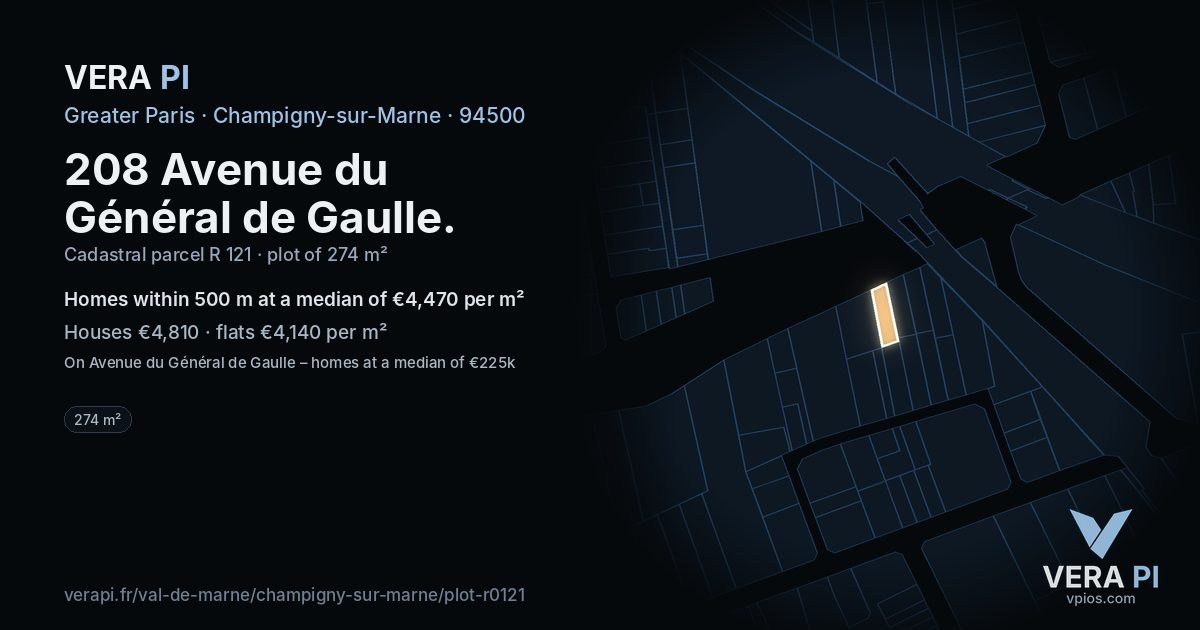 208 Avenue du Général de Gaulle, Champigny-sur-Marne at night – the plot lit, the parcels around coloured by the prices near them
