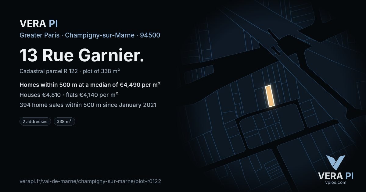 13 Rue Garnier, Champigny-sur-Marne at night – the plot lit, the parcels around coloured by the prices near them