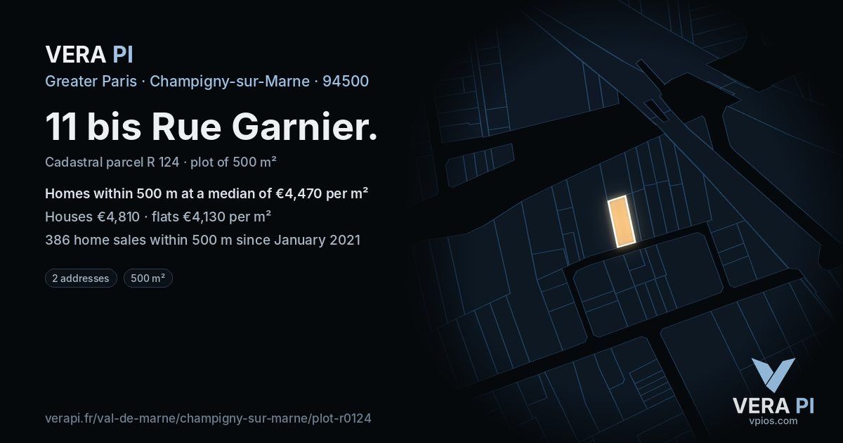 11 bis Rue Garnier, Champigny-sur-Marne at night – the plot lit, the parcels around coloured by the prices near them