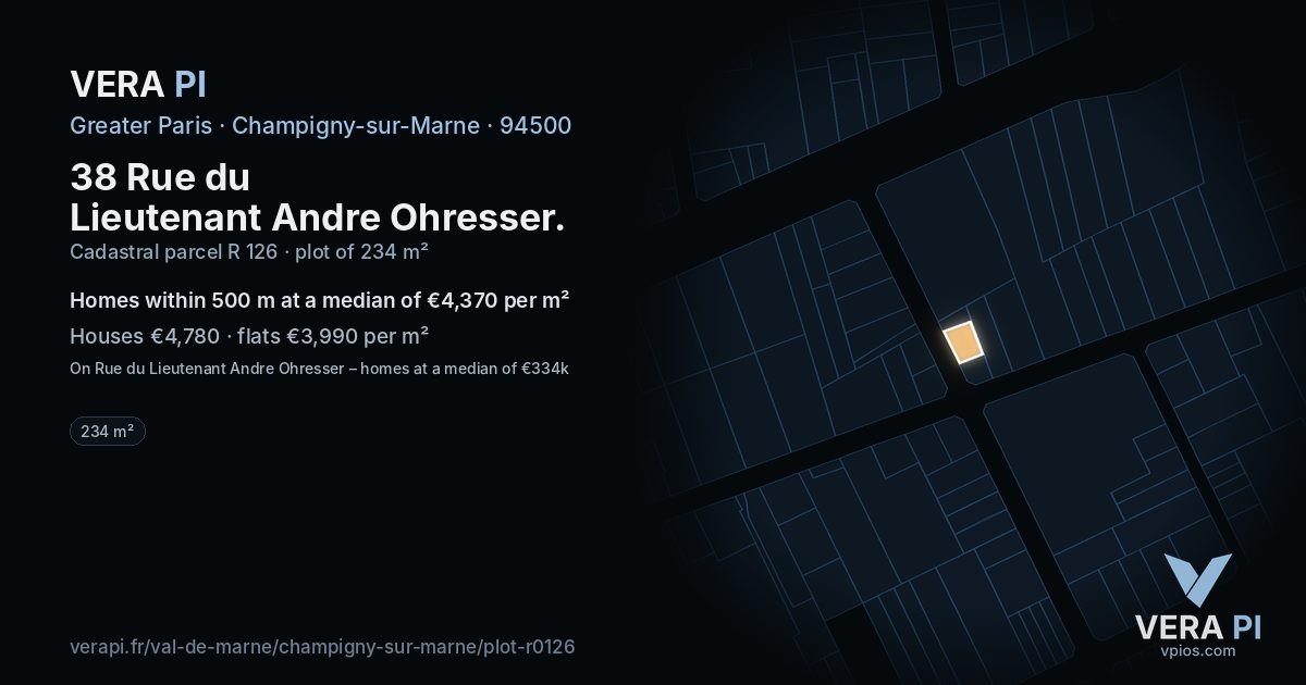 38 Rue du Lieutenant Andre Ohresser, Champigny-sur-Marne at night – the plot lit, the parcels around coloured by the prices near them
