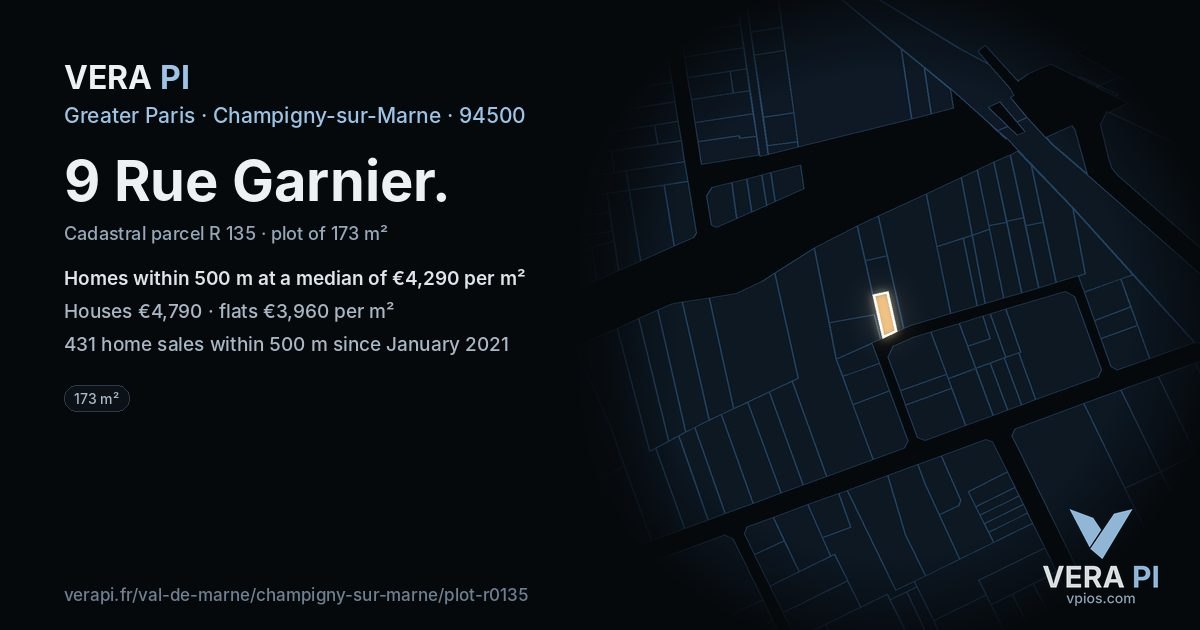 9 Rue Garnier, Champigny-sur-Marne at night – the plot lit, the parcels around coloured by the prices near them