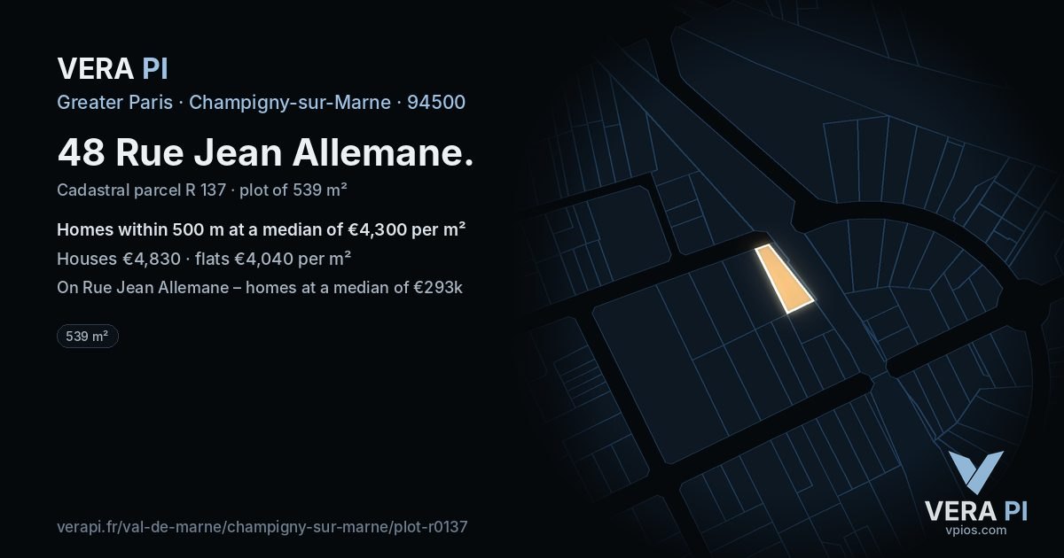 48 Rue Jean Allemane, Champigny-sur-Marne at night – the plot lit, the parcels around coloured by the prices near them