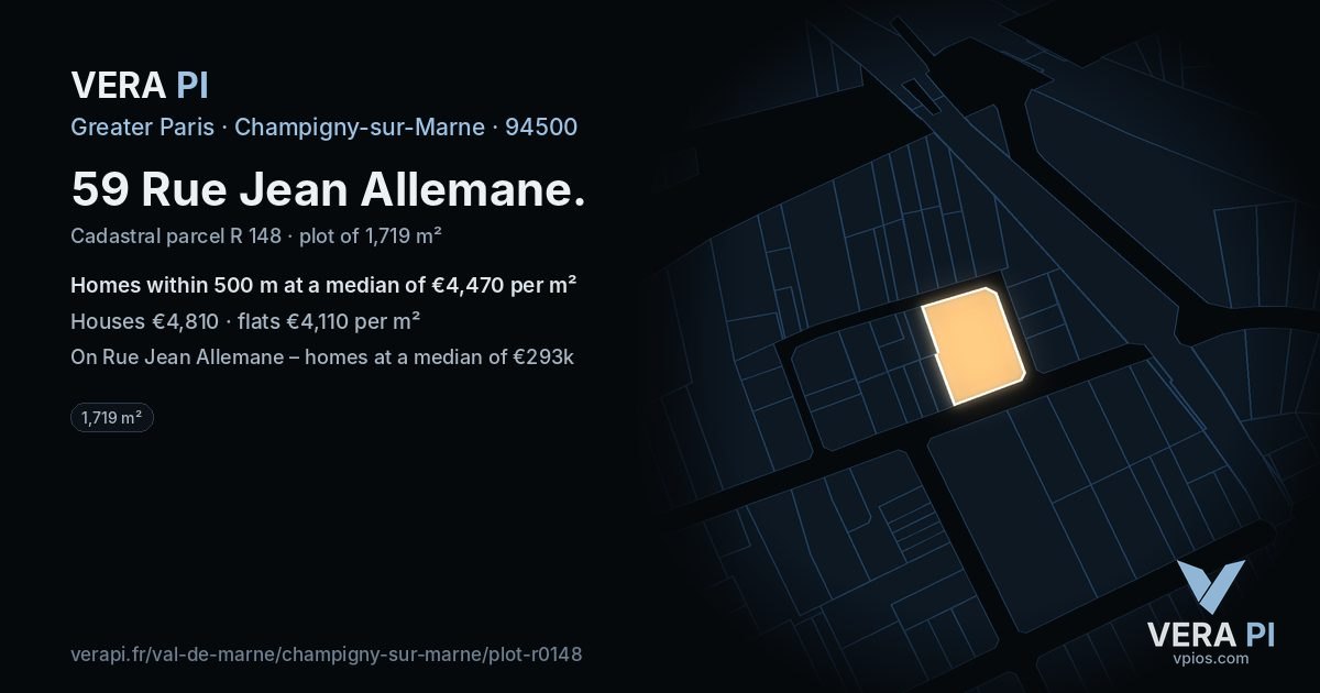 59 Rue Jean Allemane, Champigny-sur-Marne at night – the plot lit, the parcels around coloured by the prices near them