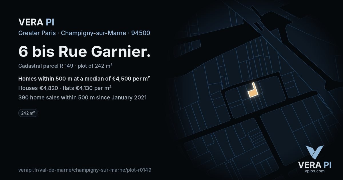 6 bis Rue Garnier, Champigny-sur-Marne at night – the plot lit, the parcels around coloured by the prices near them