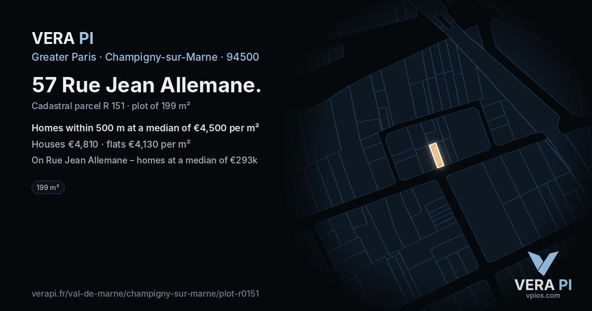 57 Rue Jean Allemane, Champigny-sur-Marne at night – the plot lit, the parcels around coloured by the prices near them