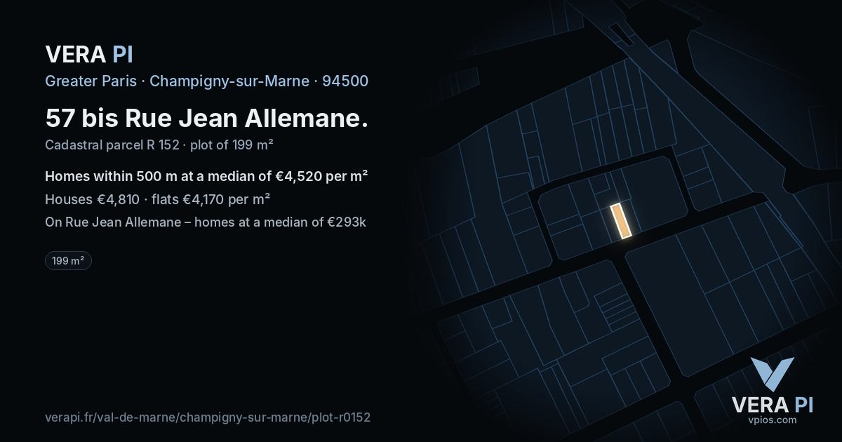 57 bis Rue Jean Allemane, Champigny-sur-Marne at night – the plot lit, the parcels around coloured by the prices near them