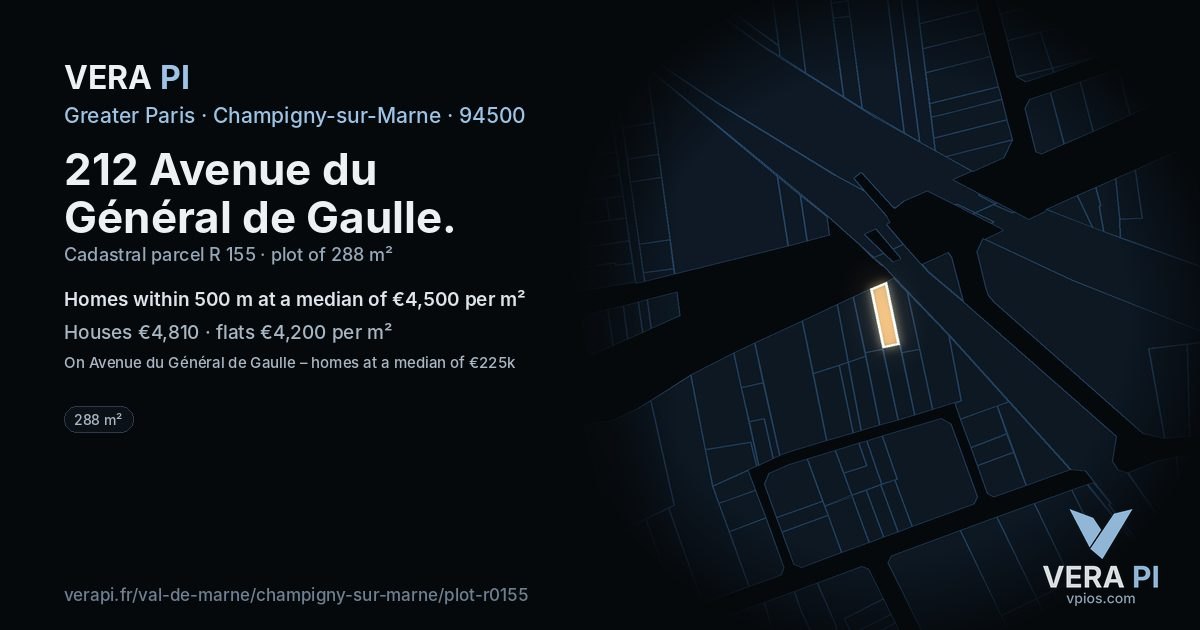 212 Avenue du Général de Gaulle, Champigny-sur-Marne at night – the plot lit, the parcels around coloured by the prices near them