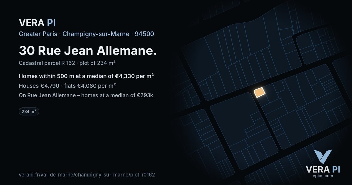 30 Rue Jean Allemane, Champigny-sur-Marne at night – the plot lit, the parcels around coloured by the prices near them