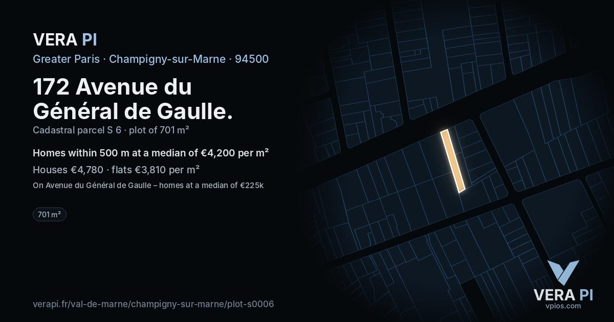 172 Avenue du Général de Gaulle, Champigny-sur-Marne at night – the plot lit, the parcels around coloured by the prices near them