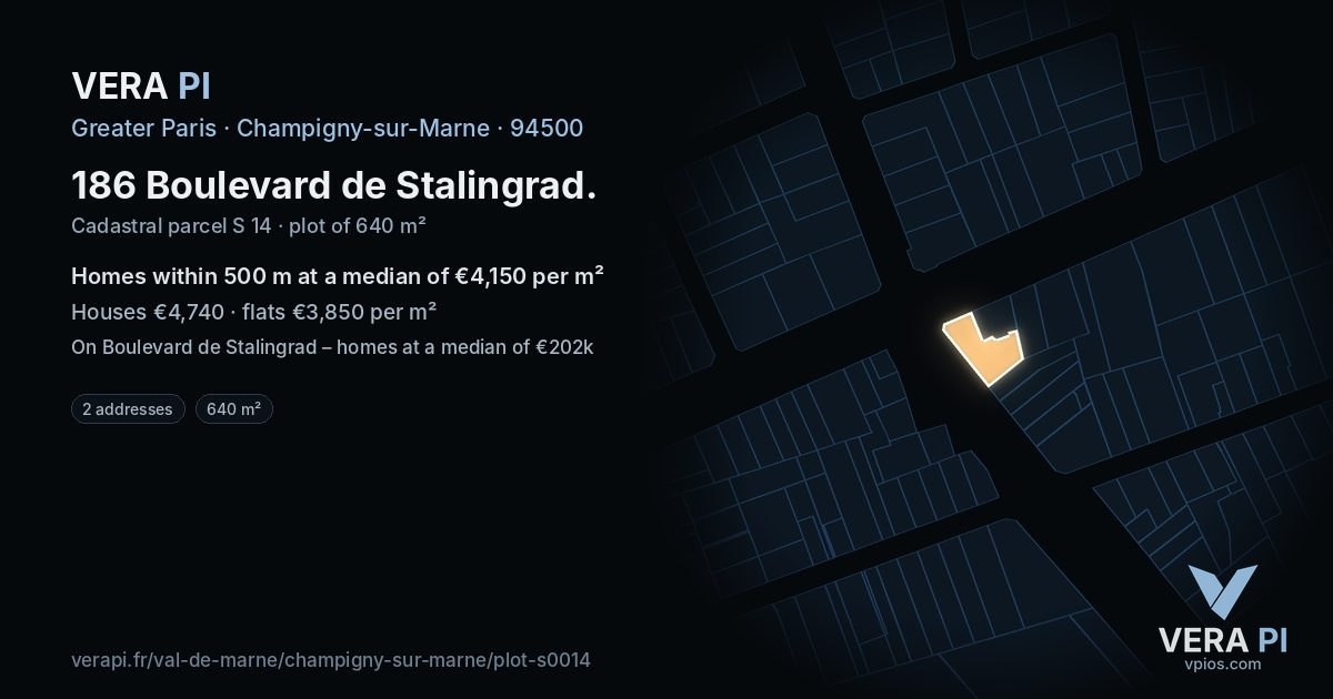 186 Boulevard de Stalingrad, Champigny-sur-Marne at night – the plot lit, the parcels around coloured by the prices near them