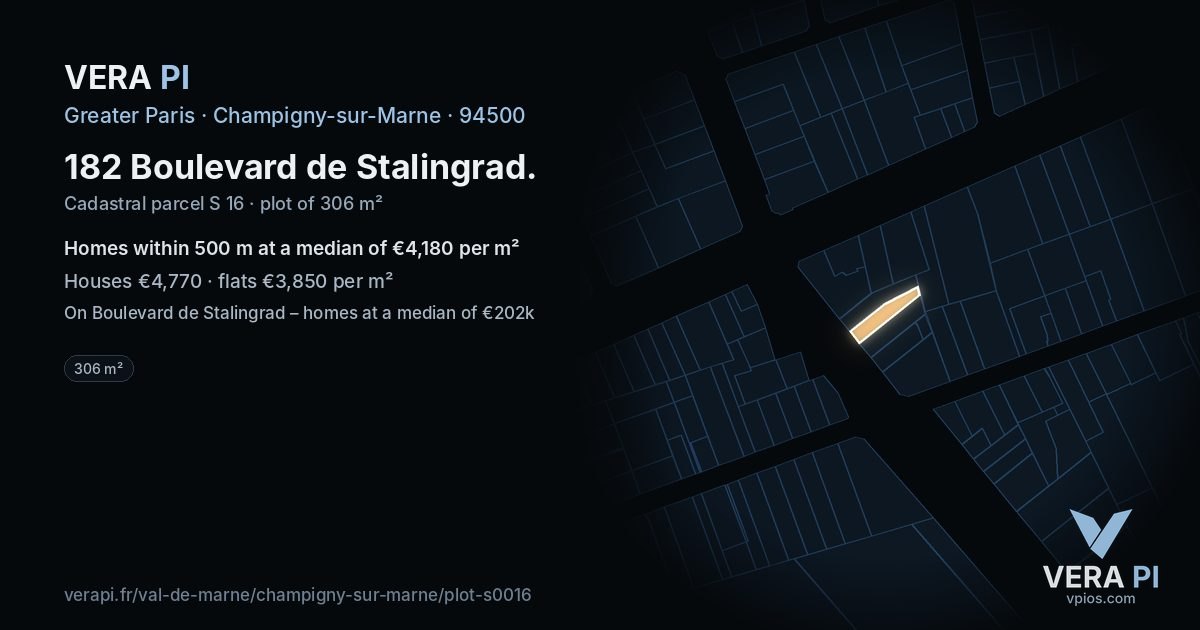 182 Boulevard de Stalingrad, Champigny-sur-Marne at night – the plot lit, the parcels around coloured by the prices near them