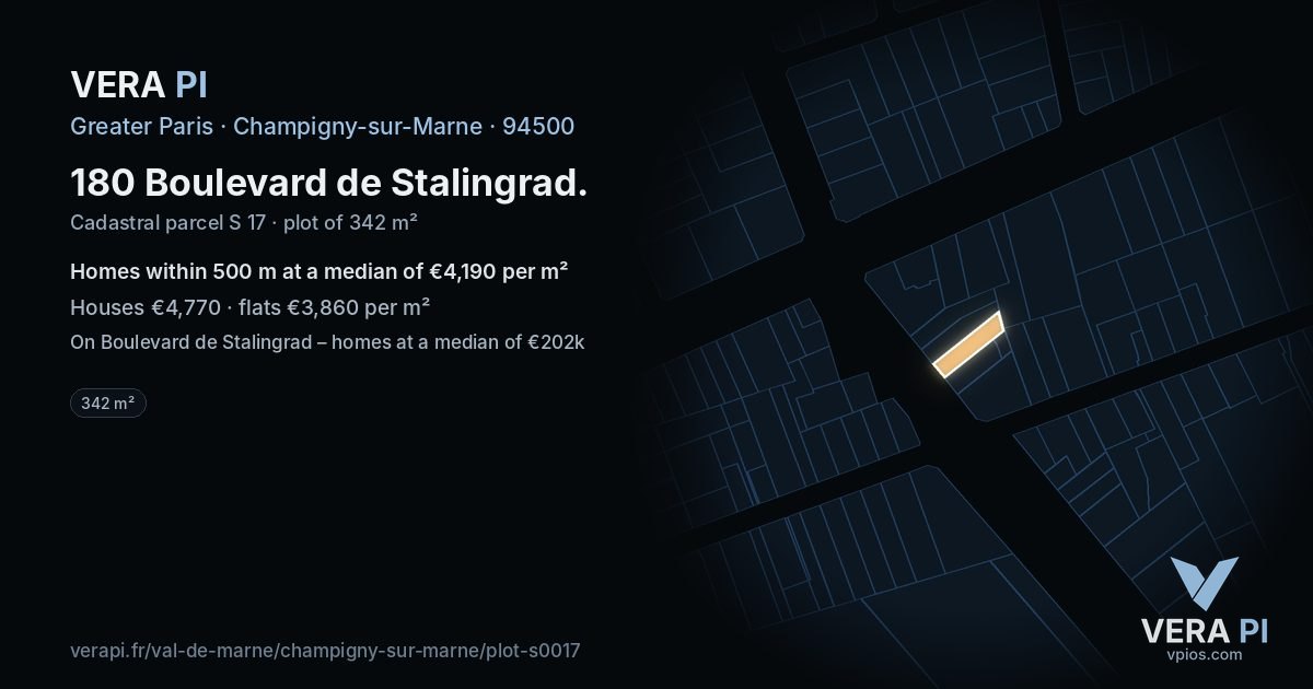 180 Boulevard de Stalingrad, Champigny-sur-Marne at night – the plot lit, the parcels around coloured by the prices near them