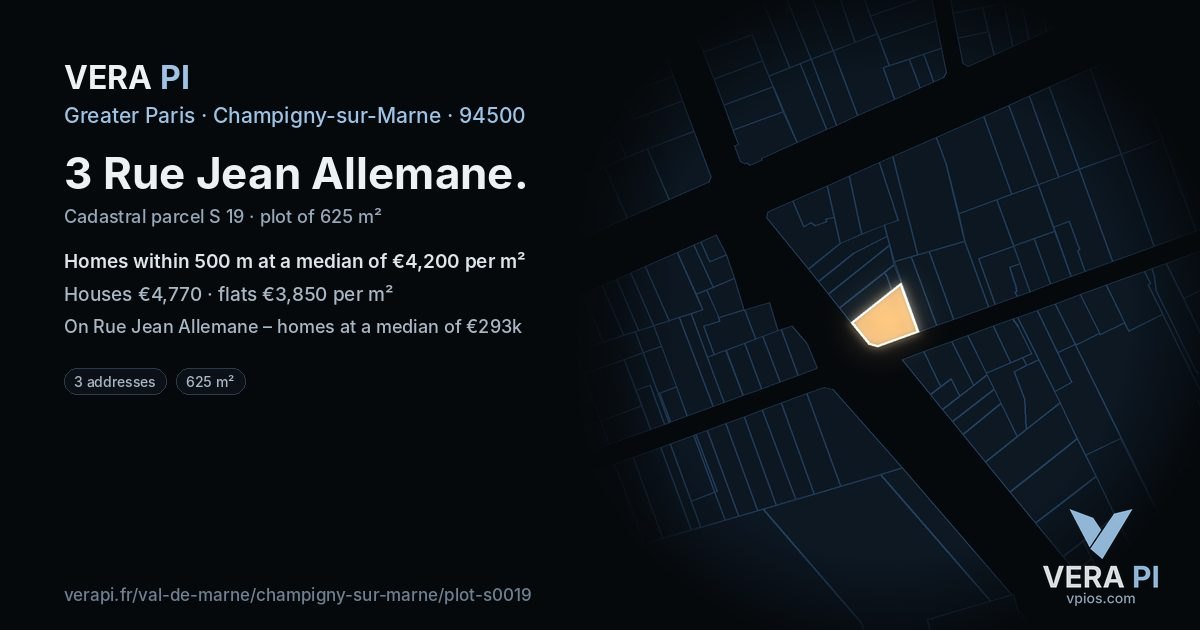 3 Rue Jean Allemane, Champigny-sur-Marne at night – the plot lit, the parcels around coloured by the prices near them