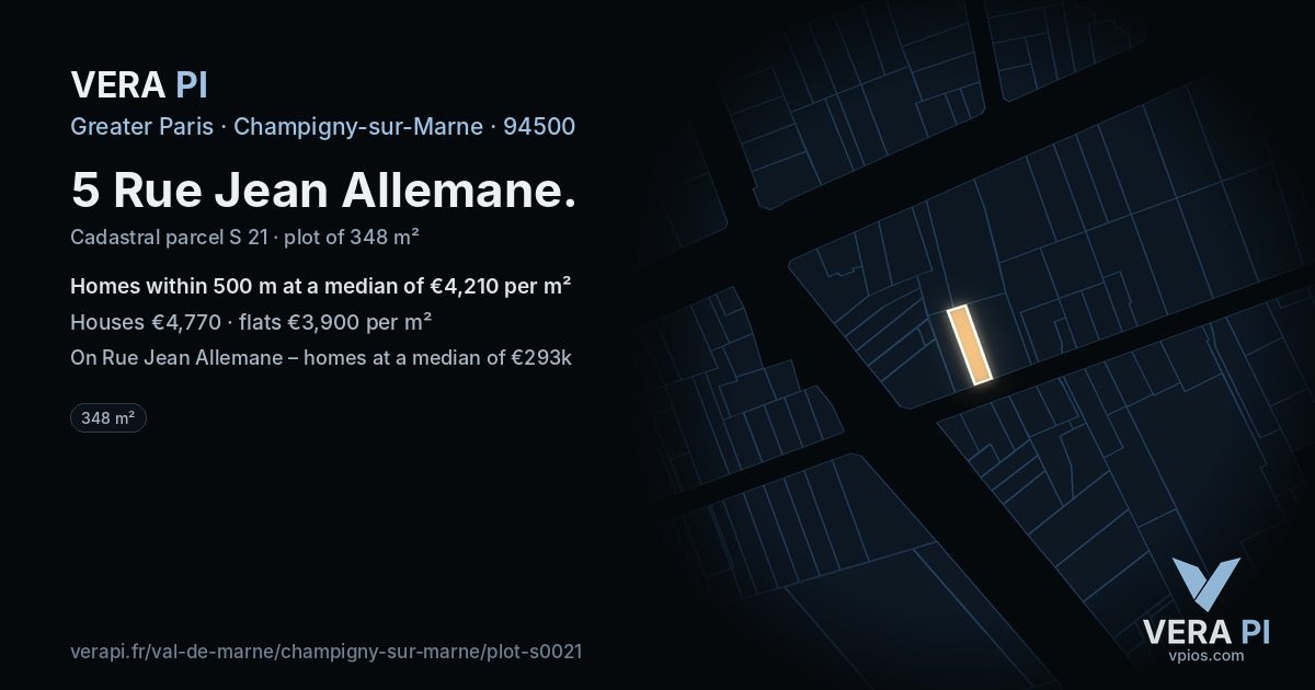 5 Rue Jean Allemane, Champigny-sur-Marne at night – the plot lit, the parcels around coloured by the prices near them