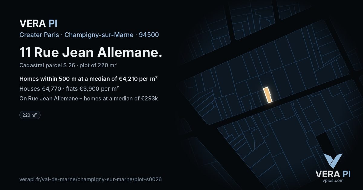 11 Rue Jean Allemane, Champigny-sur-Marne at night – the plot lit, the parcels around coloured by the prices near them