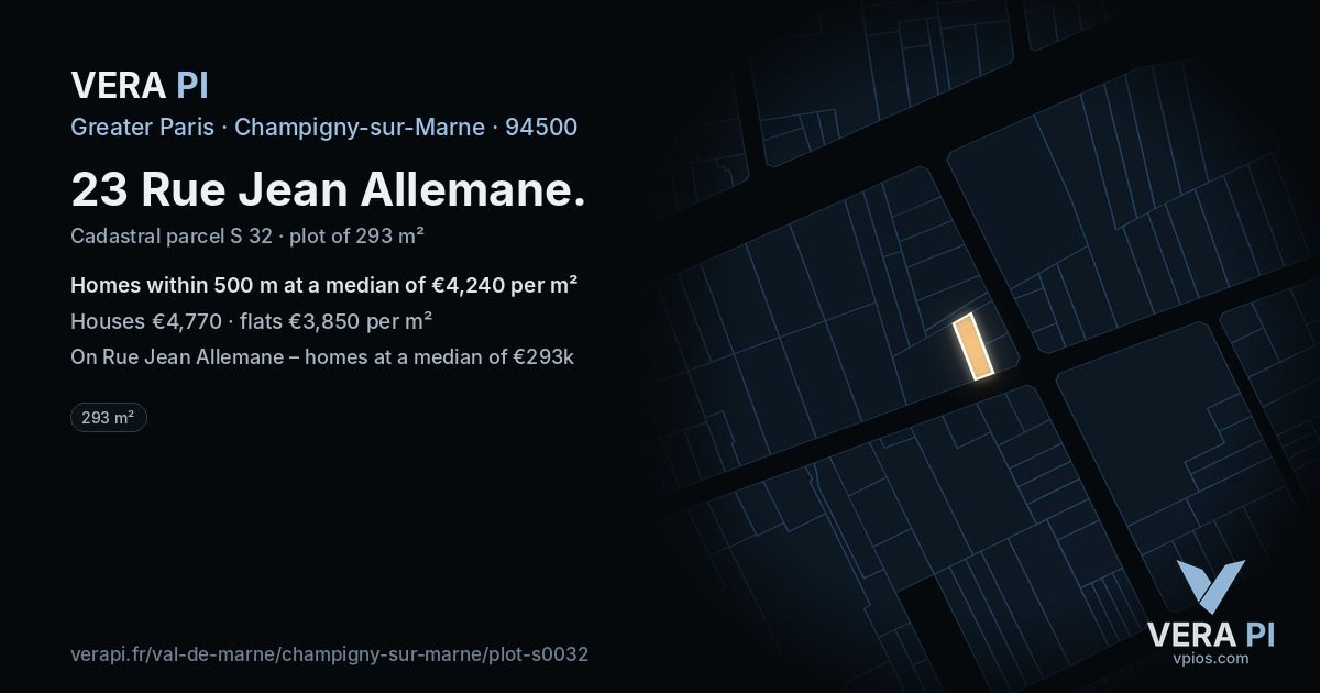 23 Rue Jean Allemane, Champigny-sur-Marne at night – the plot lit, the parcels around coloured by the prices near them