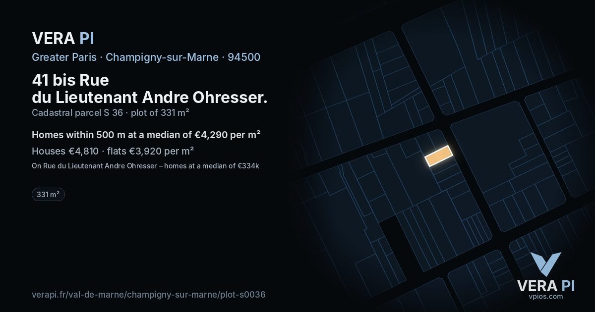 41 bis Rue du Lieutenant Andre Ohresser, Champigny-sur-Marne at night – the plot lit, the parcels around coloured by the prices near them