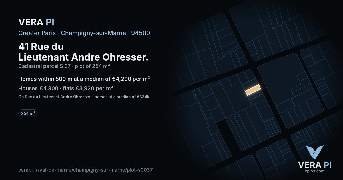 41 Rue du Lieutenant Andre Ohresser, Champigny-sur-Marne at night – the plot lit, the parcels around coloured by the prices near them