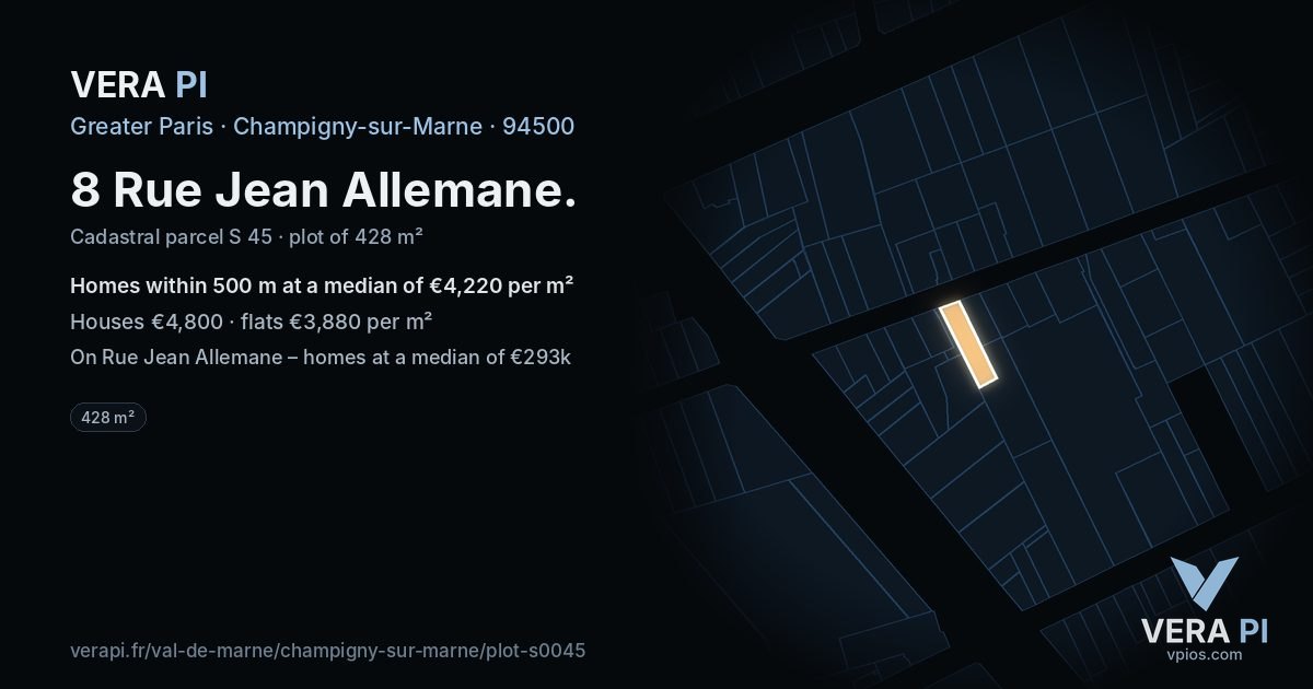 8 Rue Jean Allemane, Champigny-sur-Marne at night – the plot lit, the parcels around coloured by the prices near them