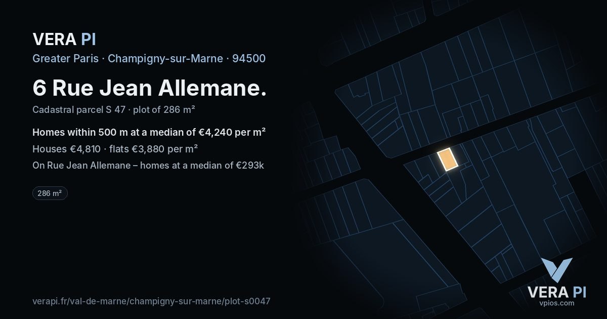 6 Rue Jean Allemane, Champigny-sur-Marne at night – the plot lit, the parcels around coloured by the prices near them