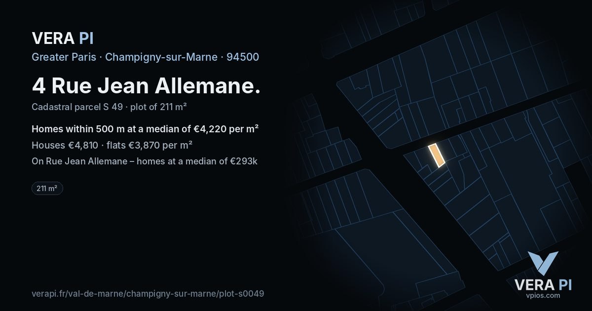 4 Rue Jean Allemane, Champigny-sur-Marne at night – the plot lit, the parcels around coloured by the prices near them