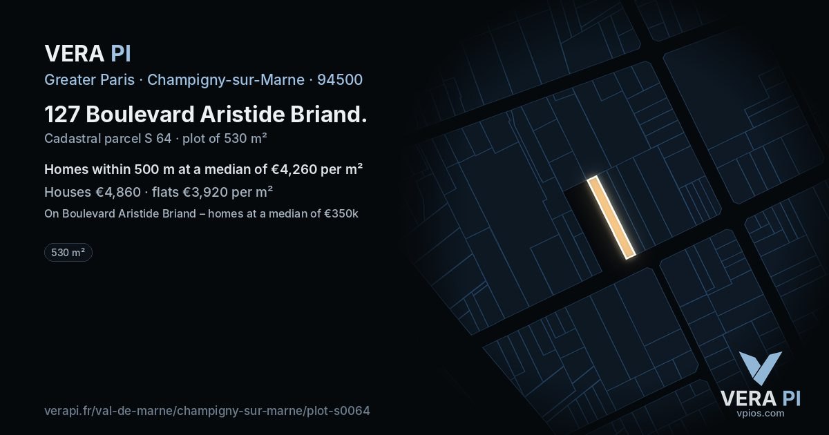 127 Boulevard Aristide Briand, Champigny-sur-Marne at night – the plot lit, the parcels around coloured by the prices near them