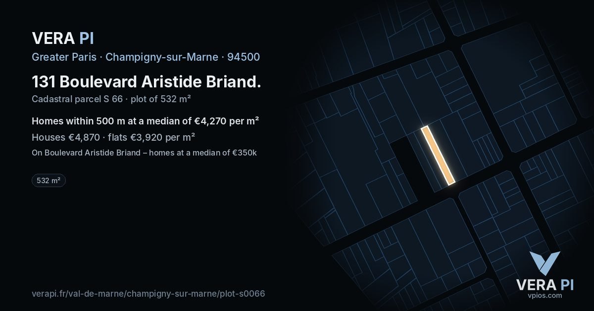 131 Boulevard Aristide Briand, Champigny-sur-Marne at night – the plot lit, the parcels around coloured by the prices near them
