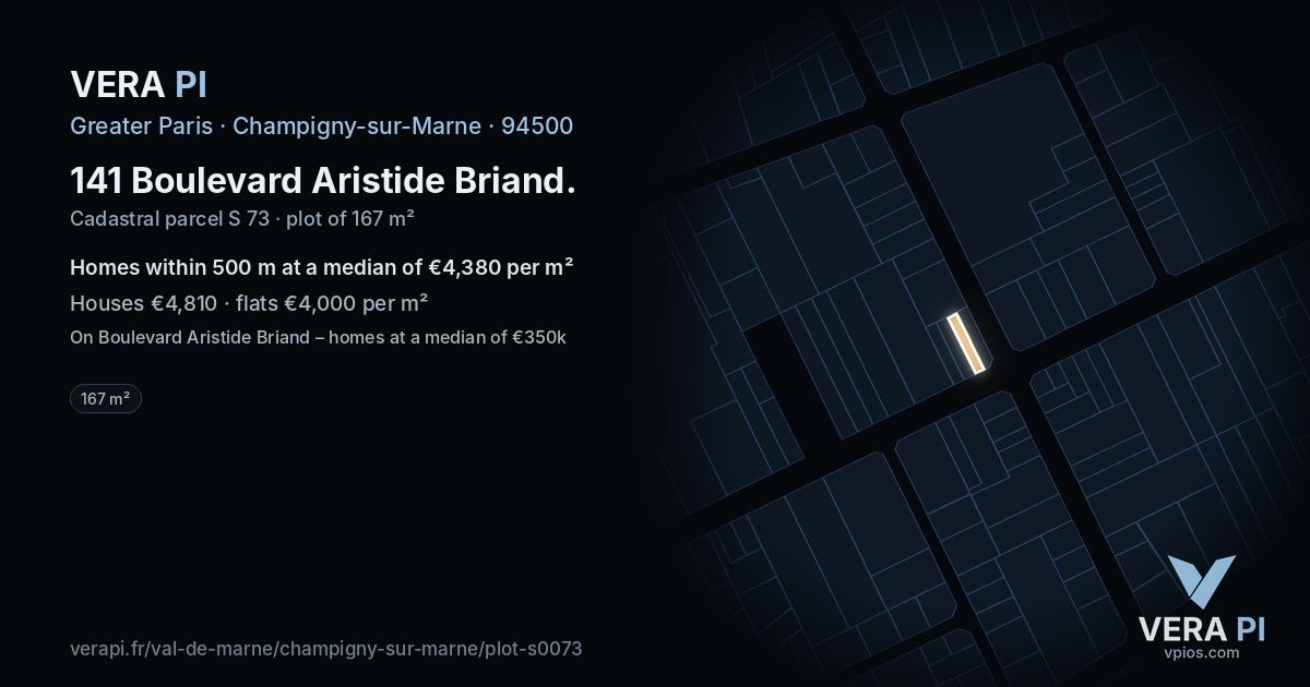 141 Boulevard Aristide Briand, Champigny-sur-Marne at night – the plot lit, the parcels around coloured by the prices near them