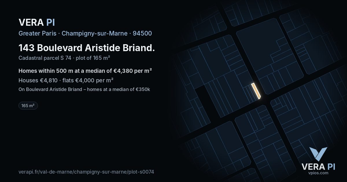 143 Boulevard Aristide Briand, Champigny-sur-Marne at night – the plot lit, the parcels around coloured by the prices near them