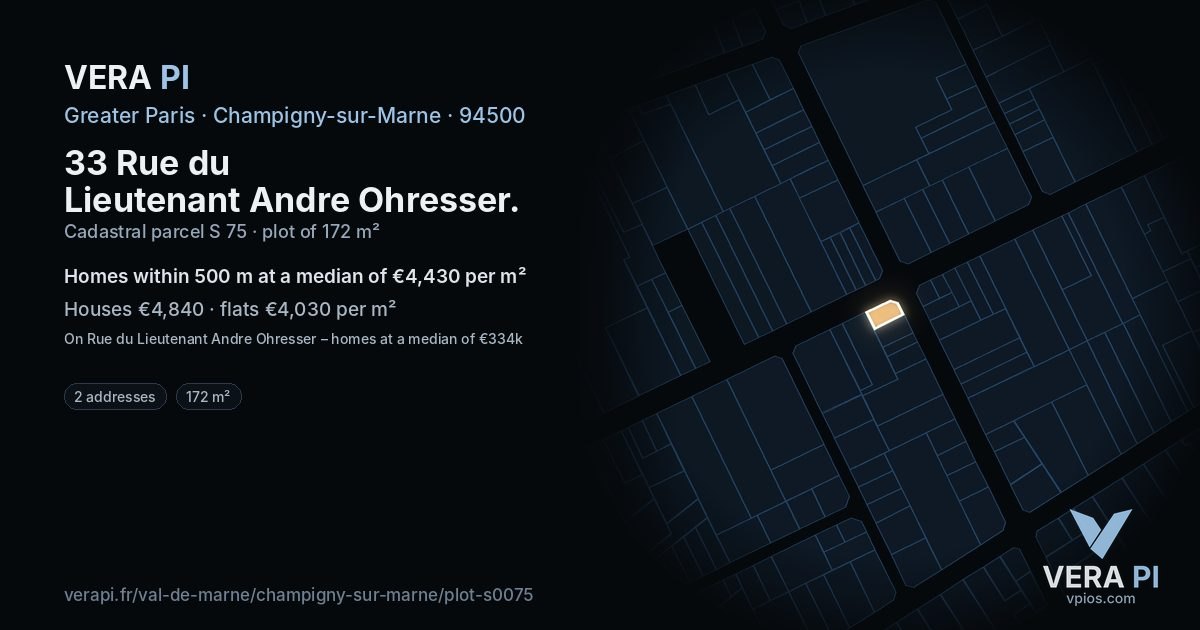 33 Rue du Lieutenant Andre Ohresser, Champigny-sur-Marne at night – the plot lit, the parcels around coloured by the prices near them