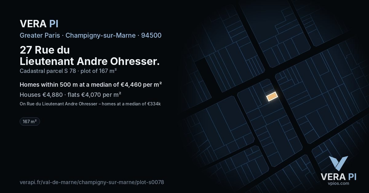 27 Rue du Lieutenant Andre Ohresser, Champigny-sur-Marne at night – the plot lit, the parcels around coloured by the prices near them