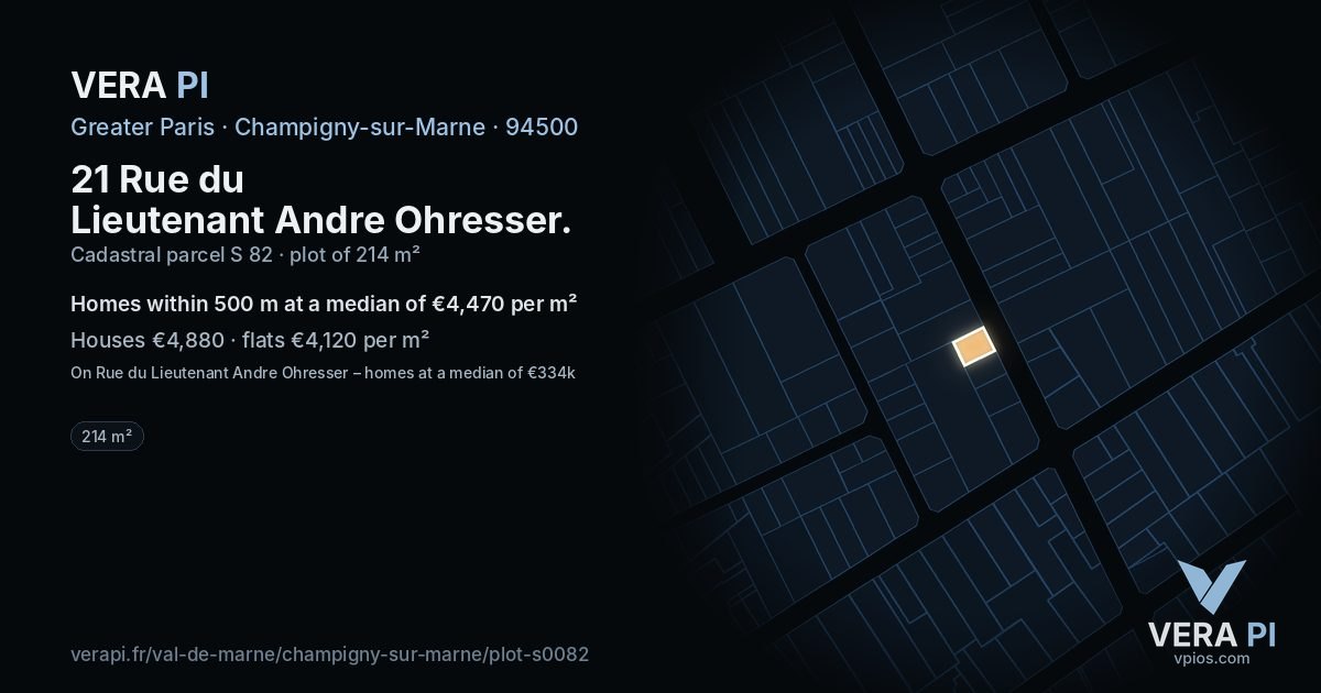 21 Rue du Lieutenant Andre Ohresser, Champigny-sur-Marne at night – the plot lit, the parcels around coloured by the prices near them