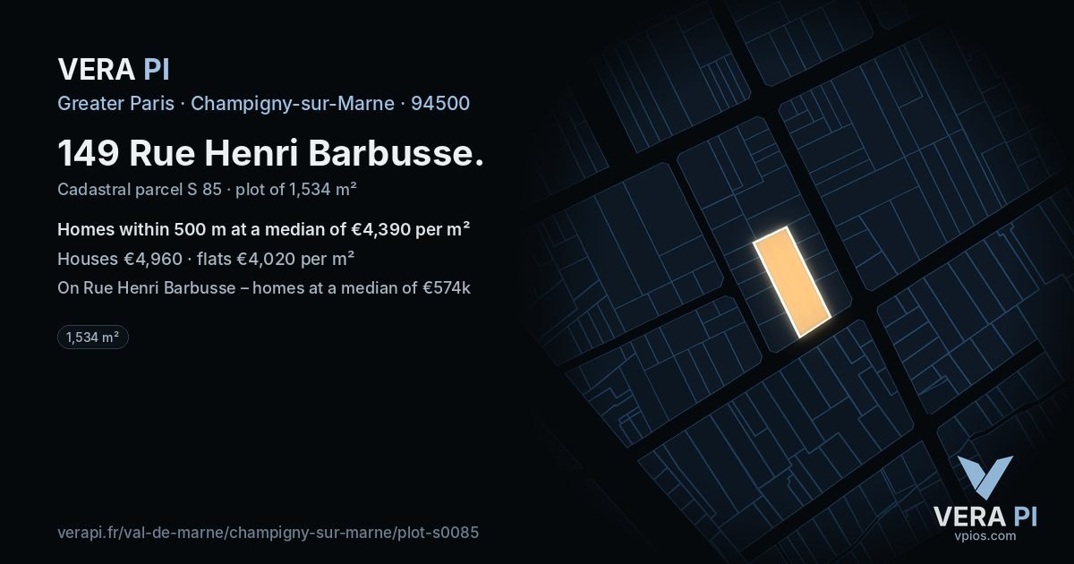 149 Rue Henri Barbusse, Champigny-sur-Marne at night – the plot lit, the parcels around coloured by the prices near them