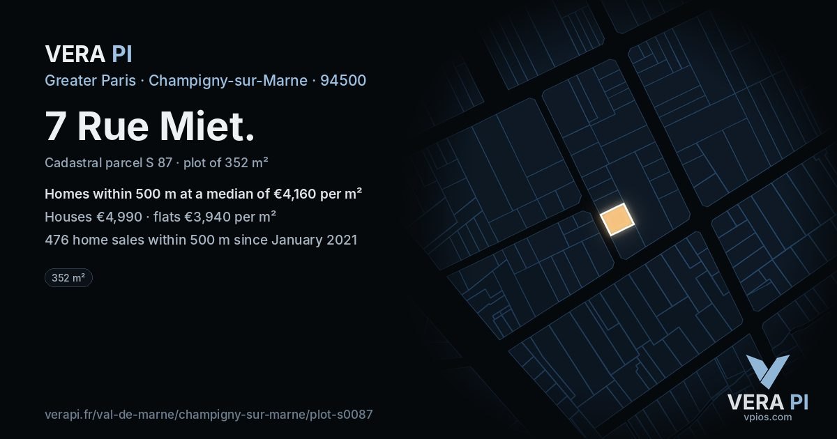 7 Rue Miet, Champigny-sur-Marne at night – the plot lit, the parcels around coloured by the prices near them