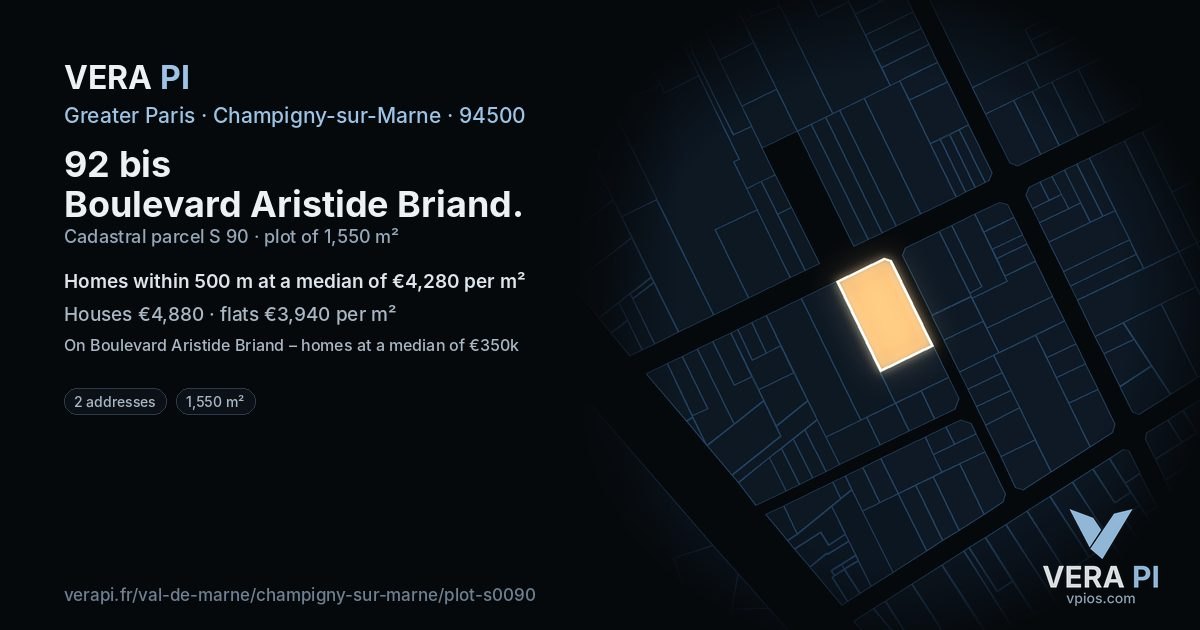 92 bis Boulevard Aristide Briand, Champigny-sur-Marne at night – the plot lit, the parcels around coloured by the prices near them