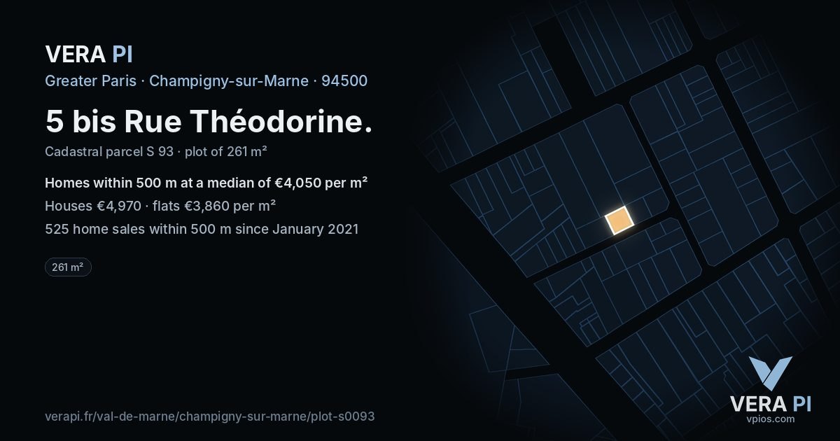 5 bis Rue Théodorine, Champigny-sur-Marne at night – the plot lit, the parcels around coloured by the prices near them