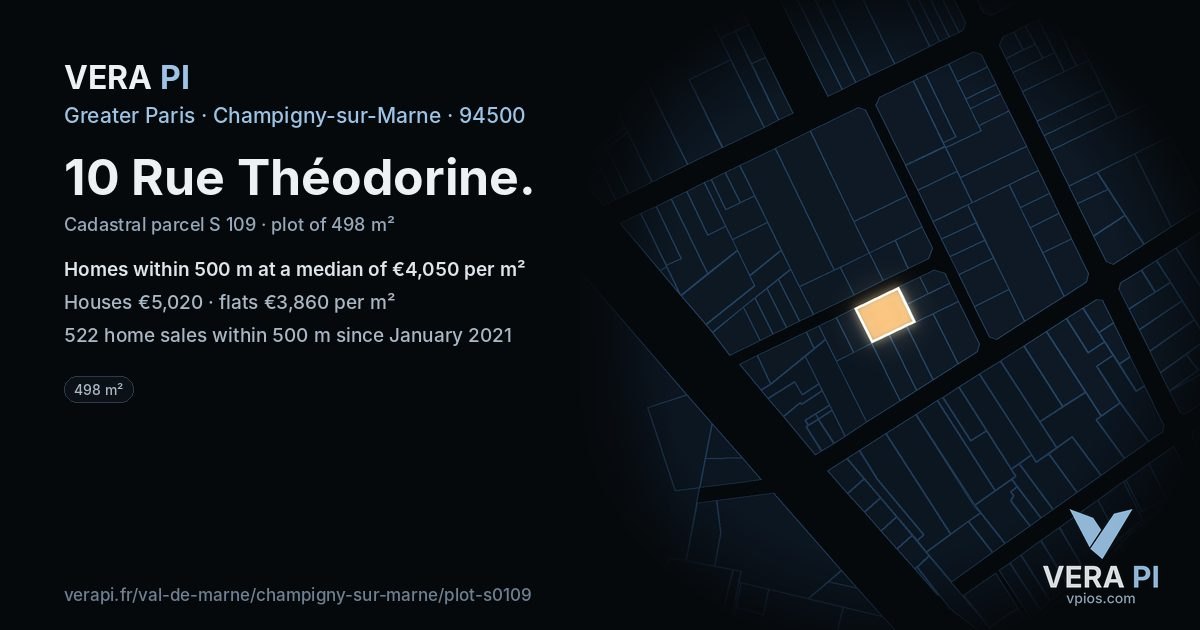 10 Rue Théodorine, Champigny-sur-Marne at night – the plot lit, the parcels around coloured by the prices near them