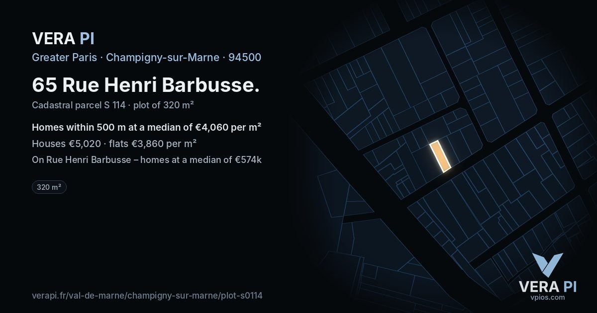 65 Rue Henri Barbusse, Champigny-sur-Marne at night – the plot lit, the parcels around coloured by the prices near them