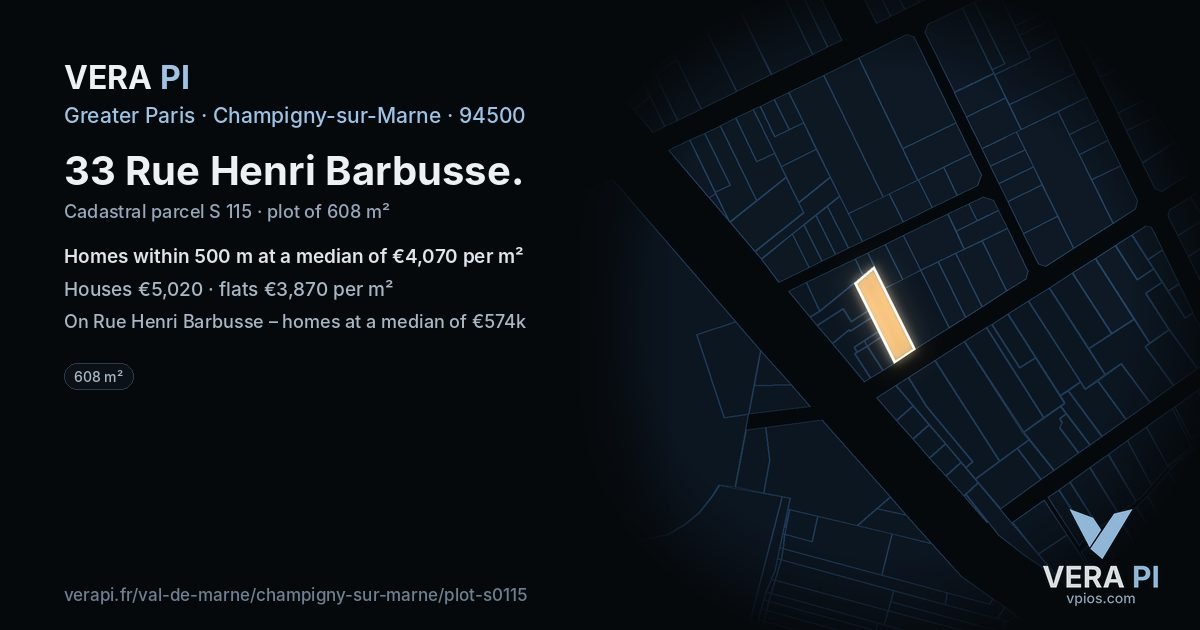 33 Rue Henri Barbusse, Champigny-sur-Marne at night – the plot lit, the parcels around coloured by the prices near them