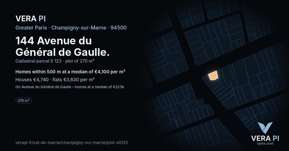 144 Avenue du Général de Gaulle, Champigny-sur-Marne at night – the plot lit, the parcels around coloured by the prices near them