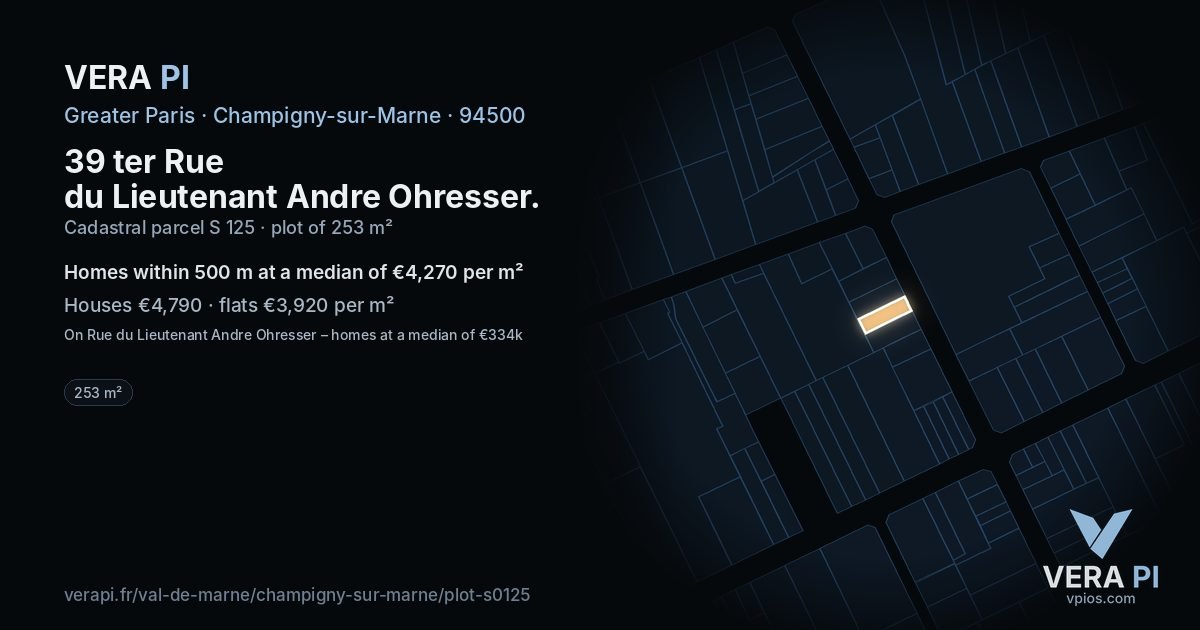 39 ter Rue du Lieutenant Andre Ohresser, Champigny-sur-Marne at night – the plot lit, the parcels around coloured by the prices near them