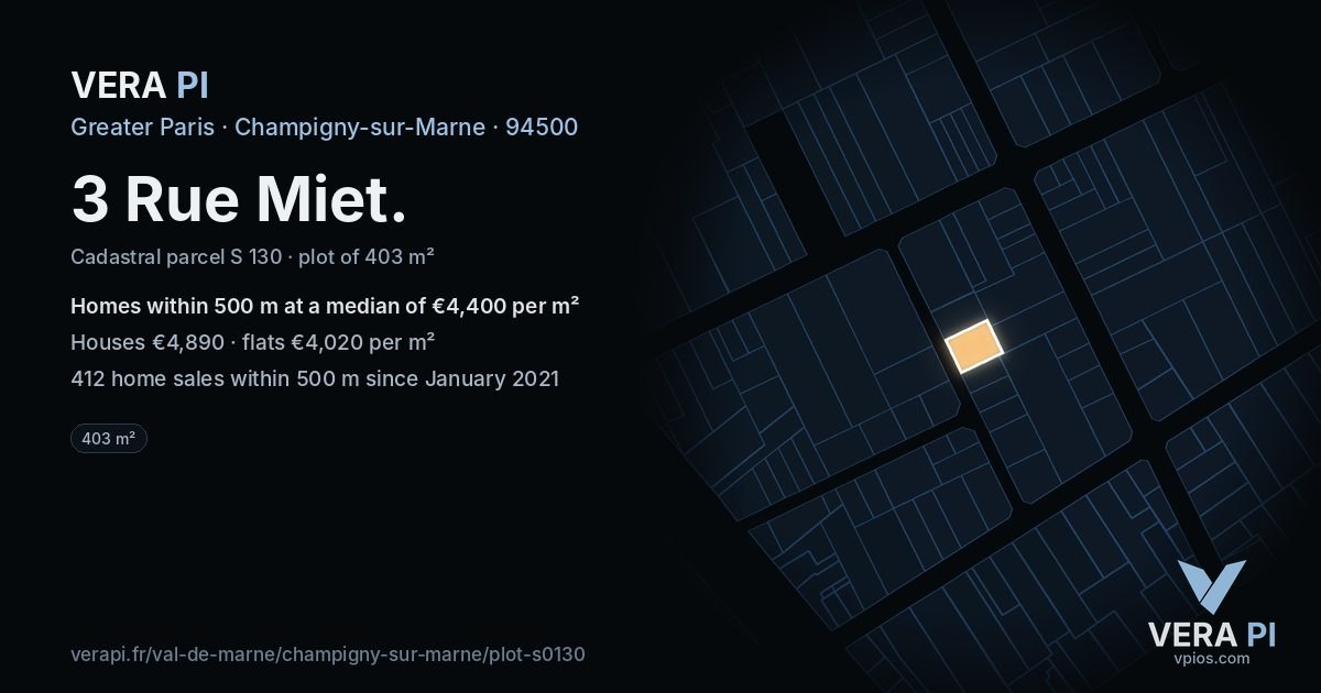 3 Rue Miet, Champigny-sur-Marne at night – the plot lit, the parcels around coloured by the prices near them