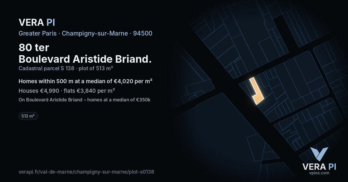 80 ter Boulevard Aristide Briand, Champigny-sur-Marne at night – the plot lit, the parcels around coloured by the prices near them