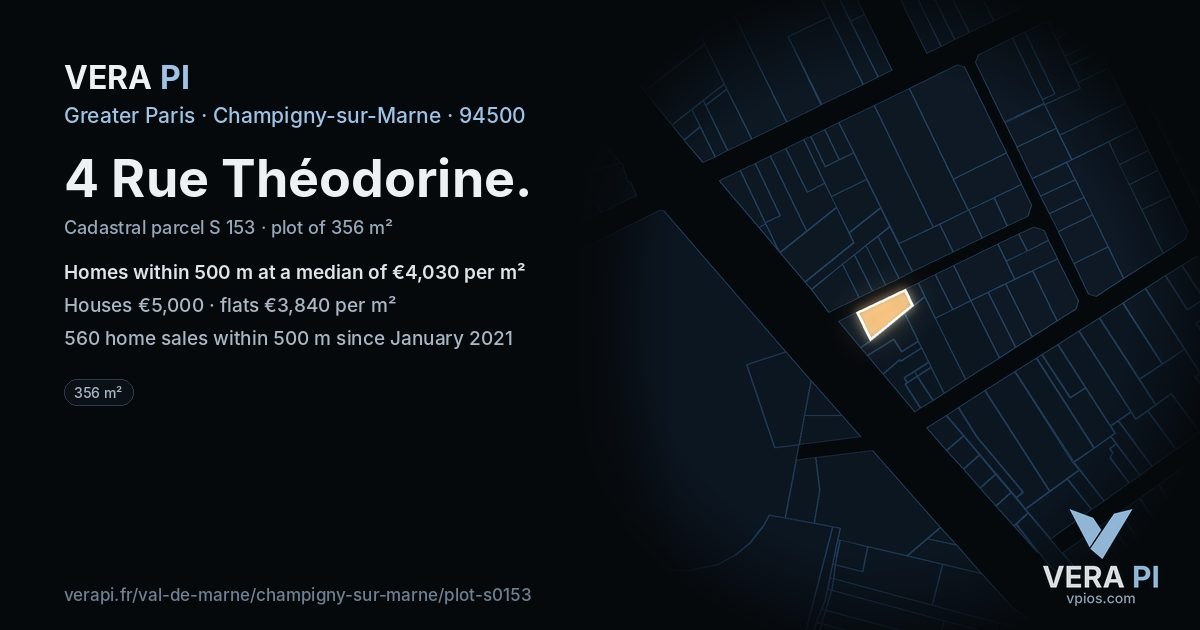 4 Rue Théodorine, Champigny-sur-Marne at night – the plot lit, the parcels around coloured by the prices near them
