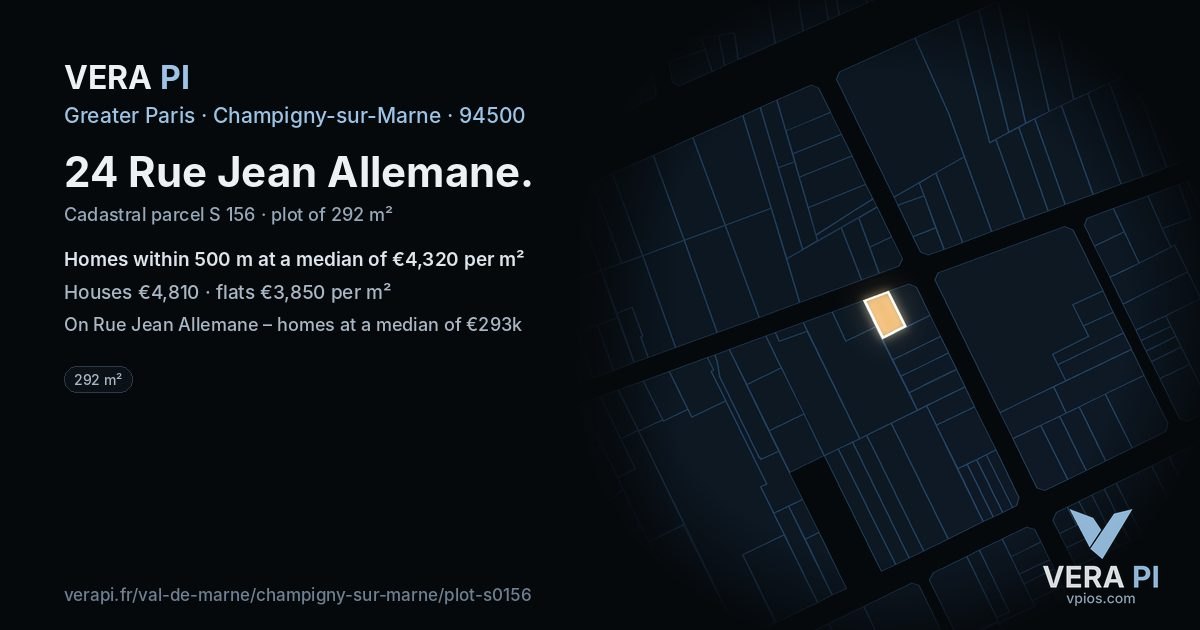 24 Rue Jean Allemane, Champigny-sur-Marne at night – the plot lit, the parcels around coloured by the prices near them