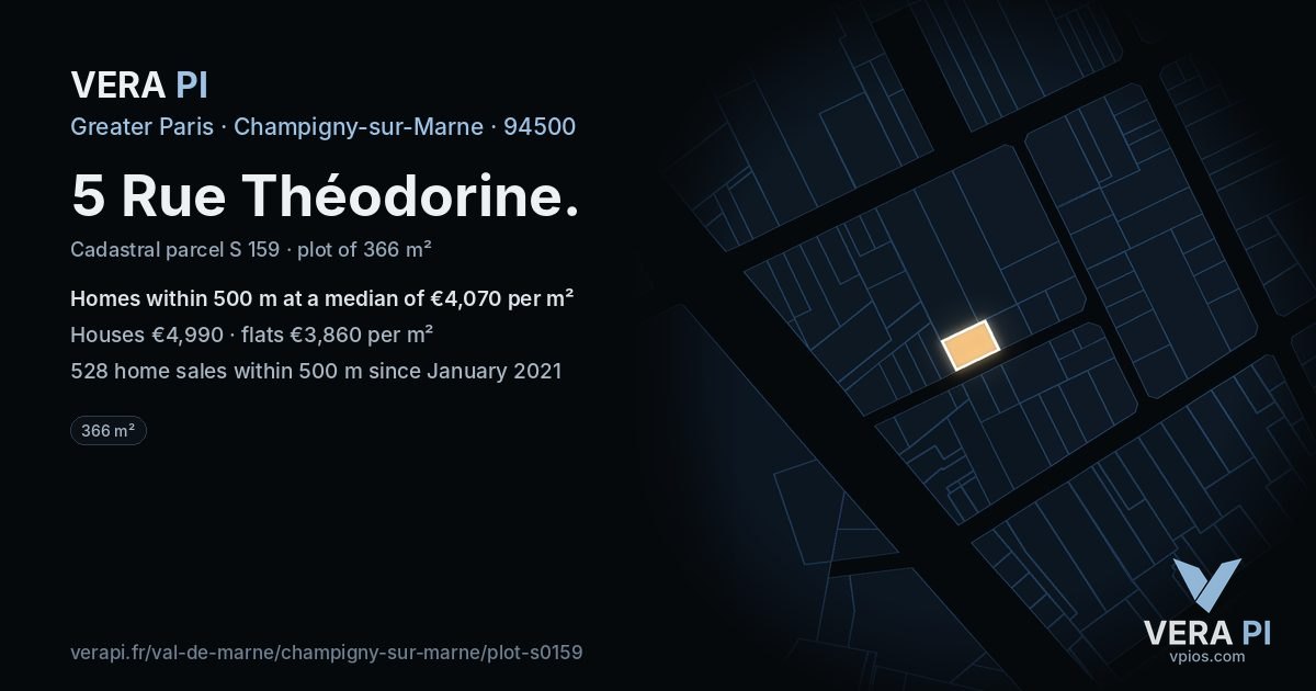 5 Rue Théodorine, Champigny-sur-Marne at night – the plot lit, the parcels around coloured by the prices near them