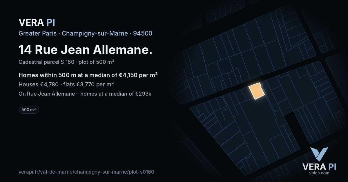 14 Rue Jean Allemane, Champigny-sur-Marne at night – the plot lit, the parcels around coloured by the prices near them