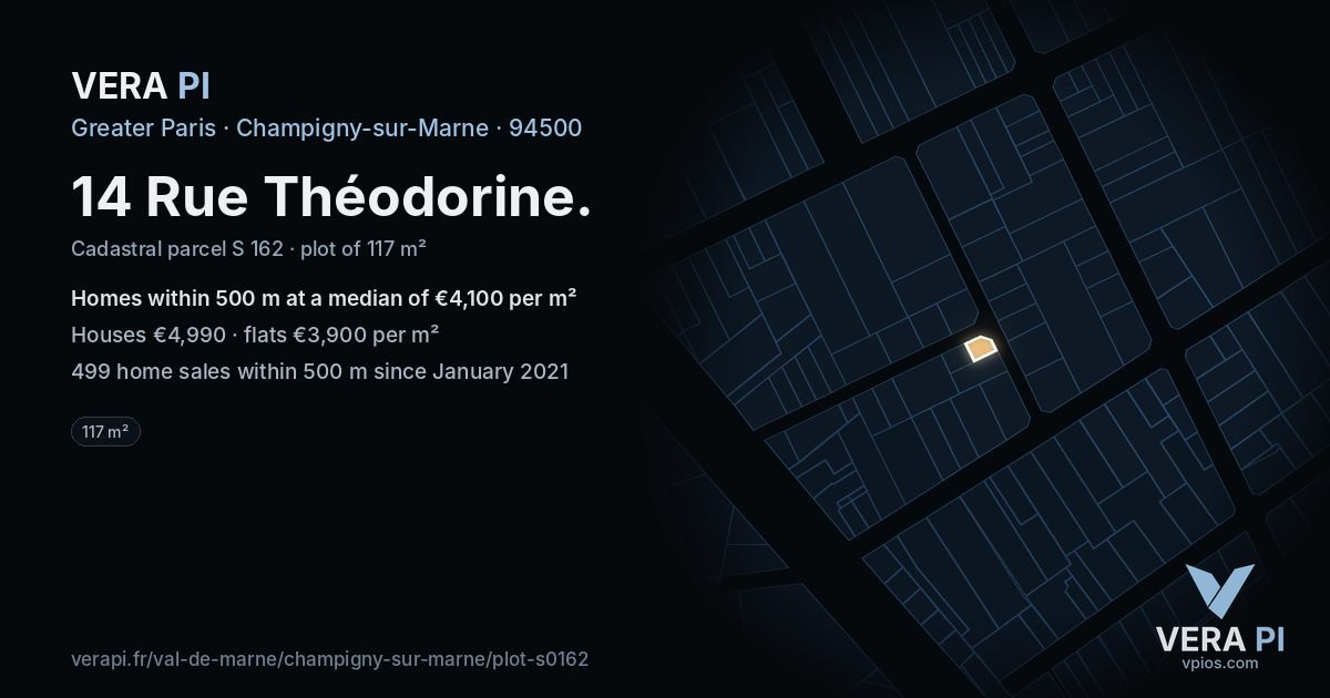 14 Rue Théodorine, Champigny-sur-Marne at night – the plot lit, the parcels around coloured by the prices near them