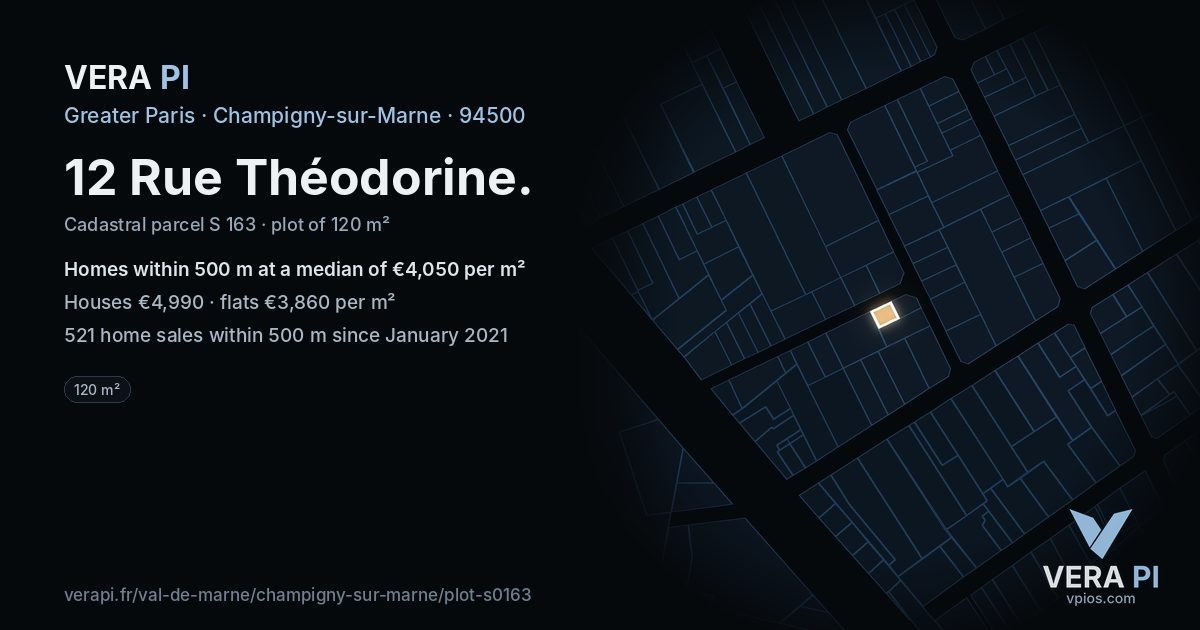 12 Rue Théodorine, Champigny-sur-Marne at night – the plot lit, the parcels around coloured by the prices near them