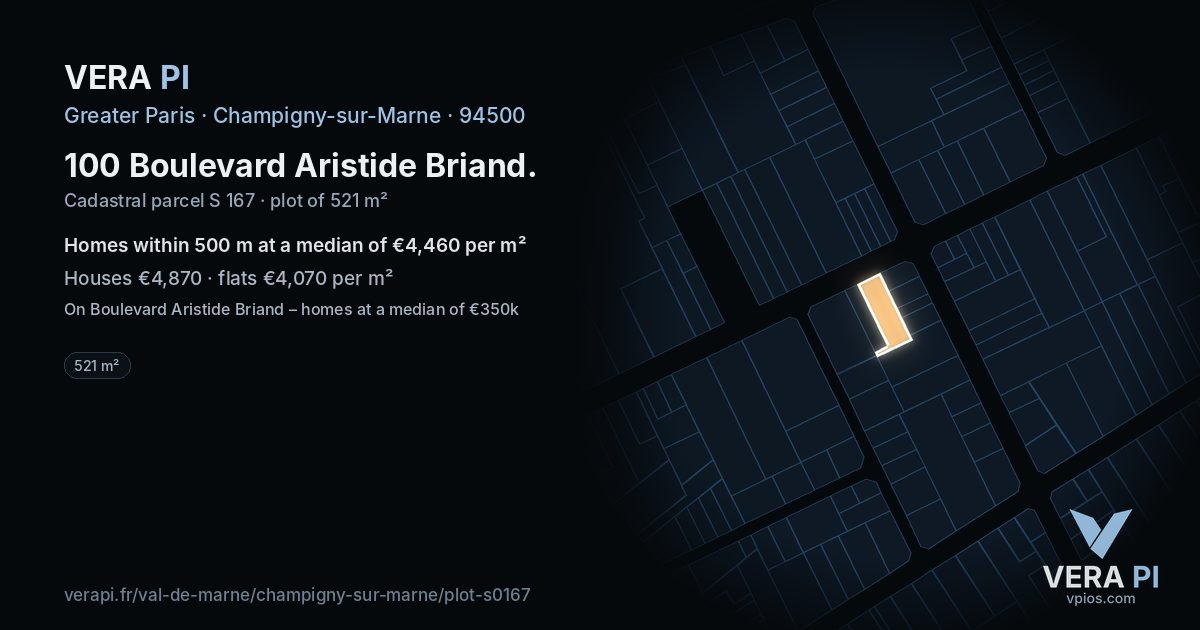 100 Boulevard Aristide Briand, Champigny-sur-Marne at night – the plot lit, the parcels around coloured by the prices near them